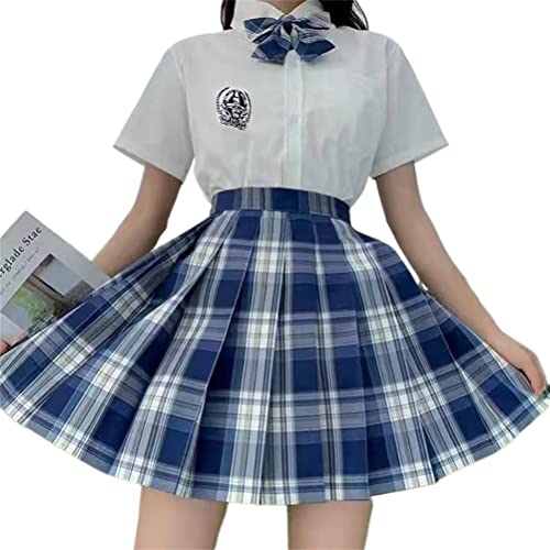 ORANDESIGNE Frauen Mädchen Kurze Hohe Taille Gefaltete Skater Tennis Schule Rock Damen Kariert Rock Faltenröcke Minirock Kurz Skirt Mit Fliege T Dunkelblau XL von ORANDESIGNE