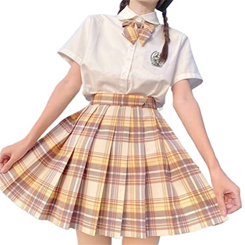 ORANDESIGNE Frauen Mädchen Kurze Hohe Taille Gefaltete Skater Tennis Schule Rock Damen Kariert Rock Faltenröcke Minirock Kurz Skirt Mit Fliege T Gelb M von ORANDESIGNE