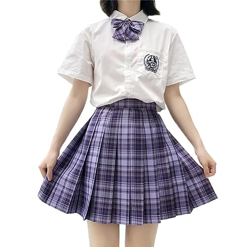 ORANDESIGNE Frauen Mädchen Kurze Hohe Taille Gefaltete Skater Tennis Schule Rock Damen Kariert Rock Faltenröcke Minirock Kurz Skirt Mit Fliege T Violett M von ORANDESIGNE