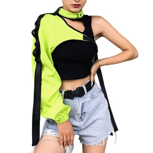 ORANDESIGNE Frauen One Shoulder Reflective Crop Top Choker Schnalle Unregelmäßige T-Shirt Achselzucken O Grün Einheitsgröße von ORANDESIGNE