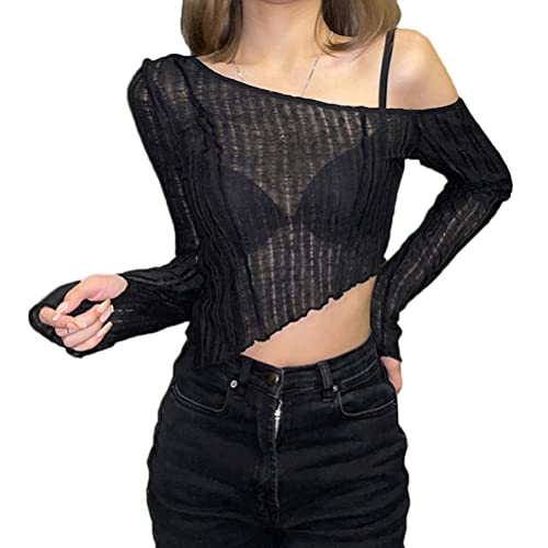 ORANDESIGNE Frauen Schwarz Y2K Crochet Crop Top Langarm Strick Color Block Top Square Neck Crochet Aushöhlen Pullover Pullover 90er Streetwear A Schwarz S von ORANDESIGNE