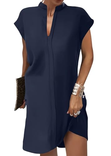 ORANDESIGNE Frauen V-Ausschnitt Kurzarm Knielanges Hemdkleid Elegant Sommer Casual Einfarbig A-Linie Kurze Shirtkleid Sommerkleid Businesskleid Minikleid Freizeitkleid Mode Dress A Marine M von ORANDESIGNE