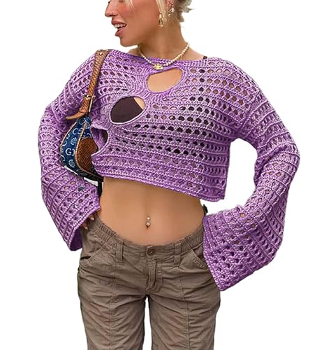 ORANDESIGNE Frauen Y2K Aushöhlen Top Langärmlige Gehäkelte Crop-Tops Sexy Durchsichtiges Netz Tops E Violett L von ORANDESIGNE