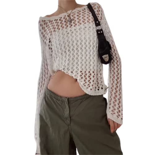 ORANDESIGNE Frauen Y2K Aushöhlen Top Langärmlige Gehäkelte Crop-Tops Sexy Durchsichtiges Netz Tops M Weiß M von ORANDESIGNE