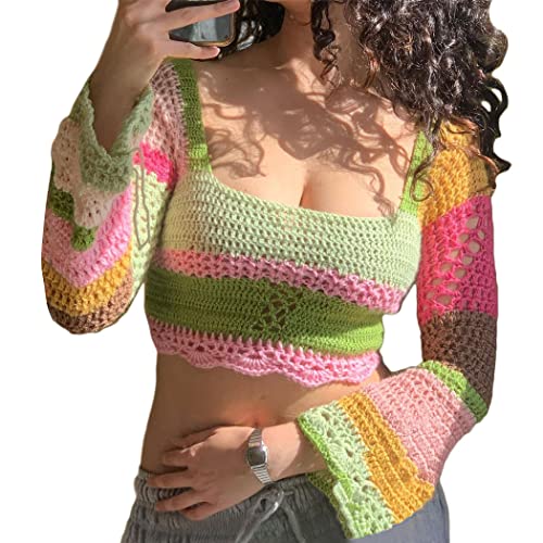 ORANDESIGNE Frauen Y2K Aushöhlen Top Langärmlige Gehäkelte Crop-Tops Sexy Durchsichtiges Netz Tops O Grün S von ORANDESIGNE