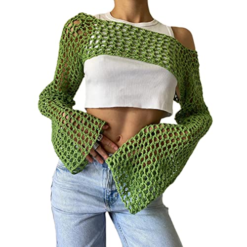 ORANDESIGNE Frauen Y2K Crochet Crop Top Langarm Strick Color Block Top Square Neck Crochet Aushöhlen Pullover Pullover 90er Streetwear D Grün S von ORANDESIGNE