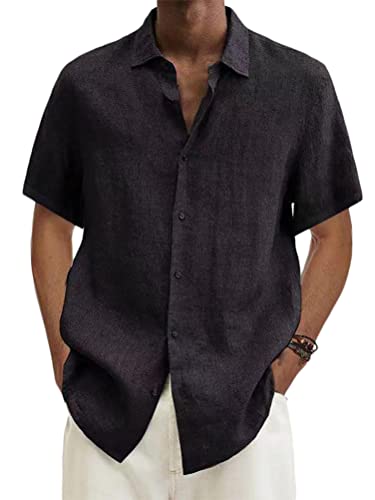 ORANDESIGNE Freizeithemd Herren Hemd Kurzarm Leinenhemd Businesshemd aus Baumwollmischung Sommer Einfarbig Basic Shirt for Männer A Schwarz XS von ORANDESIGNE