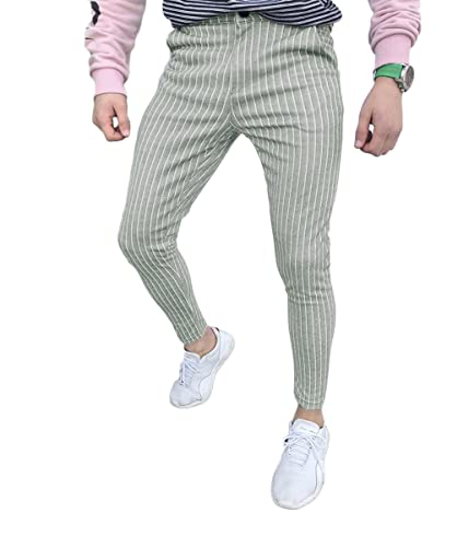 ORANDESIGNE Freizeithose Herren Stoffhose Chinohose Anzughose Junge Streifen Hose Pants Business Slim Fit Klassisch Basic Sport Freizeithosen A Grün XXL von ORANDESIGNE
