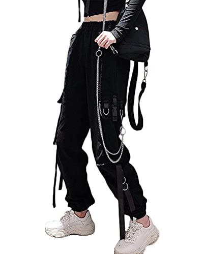 ORANDESIGNE Freizeithosen Damen Cargo Hose Elastic Waist Buckle Ribbon Pocket Jogger High Streetwear Harajuku Hose Punk Ringkette Damenhose D Schwarz XXL von ORANDESIGNE