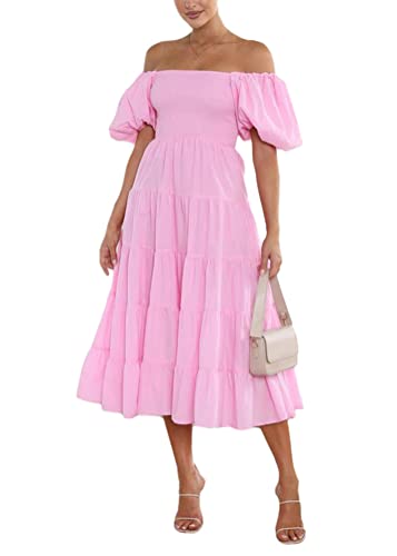 ORANDESIGNE Freizeitkleider Damen Elegant Schulterfrei Blumen Kurzarm Sommerkleid Hohe Taille Lange Strandkleid Puffärmel Boho Kleid Midikleid Partykleid Rüschen Cocktailkleid AA Rosa XS von ORANDESIGNE