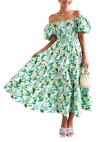 ORANDESIGNE Freizeitkleider Damen Elegant Schulterfrei Blumen Kurzarm Sommerkleid Hohe Taille Lange Strandkleid Puffärmel Boho Kleid Midikleid Partykleid Rüschen Cocktailkleid AB Grün 02 L von ORANDESIGNE