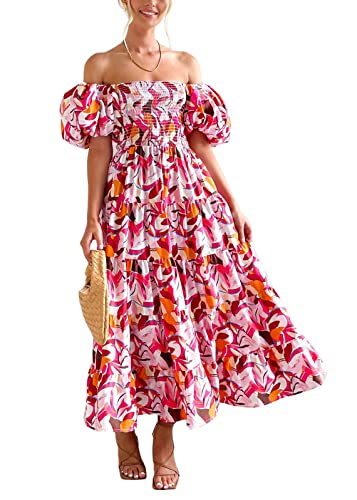 ORANDESIGNE Freizeitkleider Damen Elegant Schulterfrei Blumen Kurzarm Sommerkleid Hohe Taille Lange Strandkleid Puffärmel Boho Kleid Midikleid Partykleid Rüschen Cocktailkleid AB Rosenrot XL von ORANDESIGNE