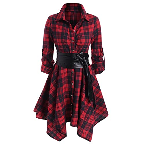 ORANDESIGNE Freizeitkleider Damen Kariertes Kleid V-Ausschnitt Kariert Bluse Hemd Elegant Langarm Taste Irregulär Saum Blusenkleider Longshirt Minikleid Hemdkleid mit PU Gürtel A Rot L von ORANDESIGNE