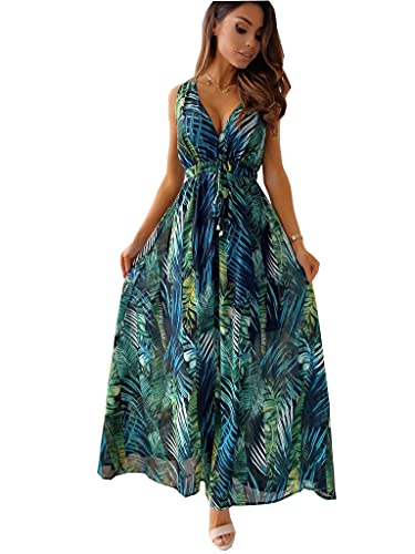 ORANDESIGNE Freizeitkleider V-Ausschnitt Kleid Damen Sommerkleider Boho Kleid Ärmellos Blumenkleid Strandkleid Lang Kleider MaxiKleid Cocktailkleid Hoher Taille Krawattenkleid A Grün XL von ORANDESIGNE