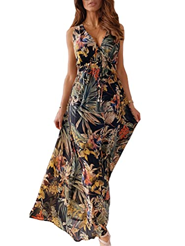 ORANDESIGNE Freizeitkleider V-Ausschnitt Kleid Damen Sommerkleider Boho Kleid Ärmellos Blumenkleid Strandkleid Lang Kleider MaxiKleid Cocktailkleid Hoher Taille Krawattenkleid A Schwarz L von ORANDESIGNE