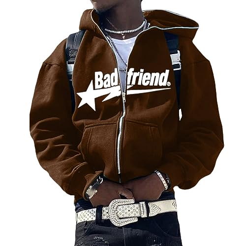 ORANDESIGNE Full Zip Hoodie Herren Sterndruck Gothic Harajuku Paare Sweatshirt Vintage Kapuzenjacke Unisex Locker Sweatjacke mit Kapuze 90er E-Girl Top A Braun M von ORANDESIGNE