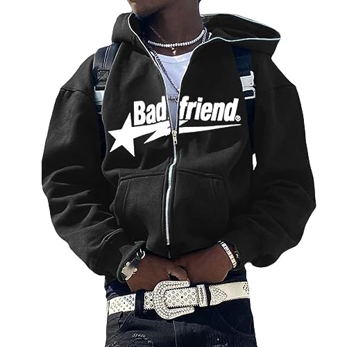 ORANDESIGNE Full Zip Hoodie Herren Sterndruck Gothic Harajuku Paare Sweatshirt Vintage Kapuzenjacke Unisex Locker Sweatjacke mit Kapuze 90er E-Girl Top A Schwarz L von ORANDESIGNE