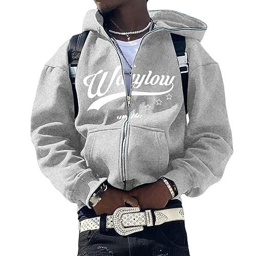 ORANDESIGNE Full Zip Hoodie Herren Sterndruck Gothic Harajuku Paare Sweatshirt Vintage Kapuzenjacke Unisex Locker Sweatjacke mit Kapuze 90er E-Girl Top B Grau L von ORANDESIGNE
