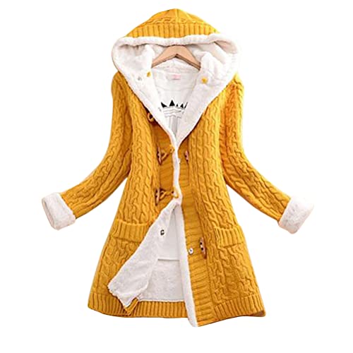 ORANDESIGNE Gefüttert Strickjacke Damen Cardigan Grobstrick mit Kapuze Dicker Warm Wintermantel Vintage Hupenknopf Zopfmuster Outwear Herbst Winter Gestrickt Winterjacke Plüschjacke A Gelb XS von ORANDESIGNE