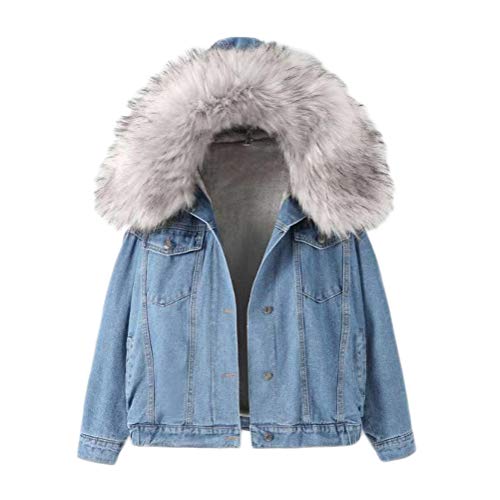 ORANDESIGNE Gefütterte Jeansjacke mit Fellkapuze Winter Mantel Winterjacke Kurz Outwear Denim Jacke Langarm Kapuzenjacke C Grau L von ORANDESIGNE