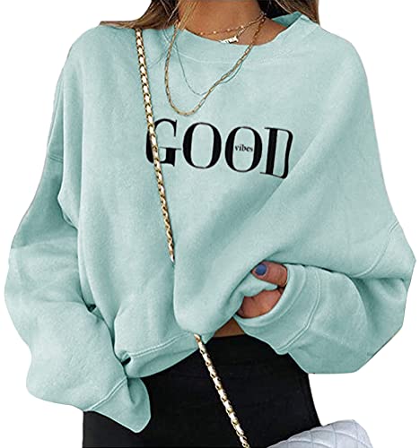 ORANDESIGNE Good Vibes Sweatshirts Für Damen Lange Ärmel Pullover Winter Rundhals Vintage Streetwear Oversized Briefe Drucken Mädchen Sportbekleidung Casual Top Chic Hoodie A Hellgrün S von ORANDESIGNE