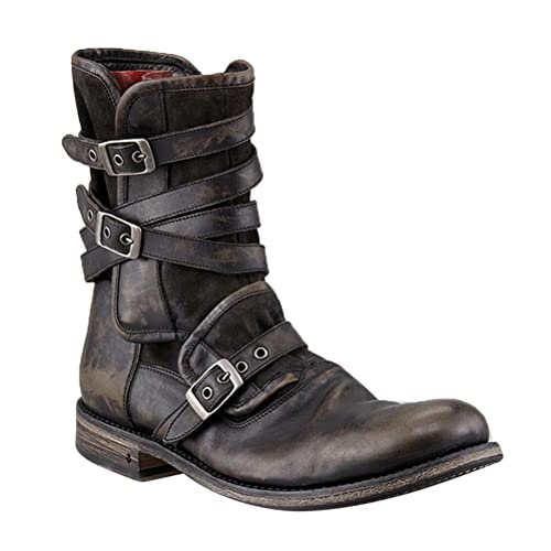 ORANDESIGNE Herren Western Cowboystiefel Vintage Motorradstiefel Winter Männer Leder Kurzschaft Stiefel Unisex Erwachsene Reiterstiefel Arbeitsstiefel D Grau 44 von ORANDESIGNE