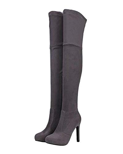 ORANDESIGNE Grau Runde Zehe Reißverschluss Stiletto Elegante Overknees Stiefel Damen Boots 38 EU von ORANDESIGNE