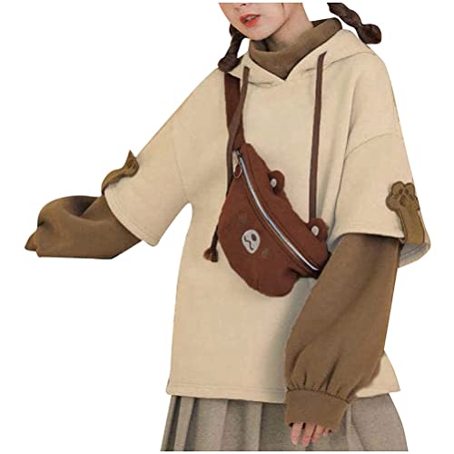 ORANDESIGNE Harajuku Ästhetische Bär Anime Hoodie Frauen Koreanisch Kawaii Rundhalsausschnitt Streetwear Kpop Herbst Winter Kleidung Tops A Khaki 3XL von ORANDESIGNE