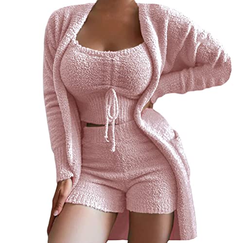 ORANDESIGNE Hausanzug Damen Fleece 3 Teiler Winter Schlafanzug Kurz Set Loungewear Lauschig Plüschjacke + Top + Shorts Pyjamas Anzug Teddyplüsch Outfits Komplett Bekleidungsset A Rosa XL von ORANDESIGNE