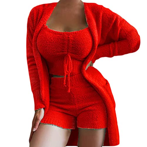 ORANDESIGNE Hausanzug Damen Fleece 3 Teiler Winter Schlafanzug Kurz Set Loungewear Lauschig Plüschjacke + Top + Shorts Pyjamas Anzug Teddyplüsch Outfits Komplett Bekleidungsset A Rot XS von ORANDESIGNE