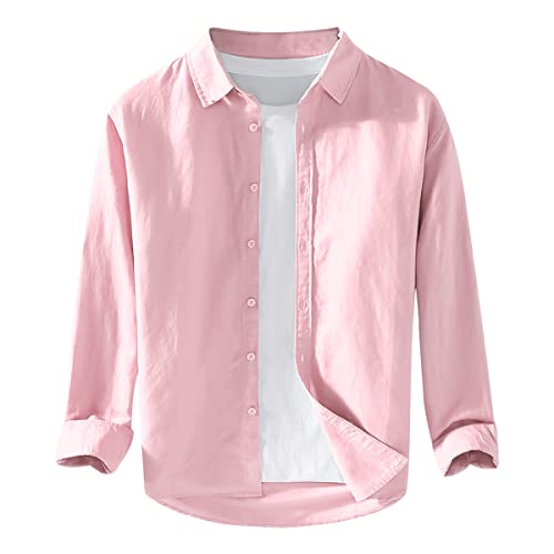 ORANDESIGNE Hemd Herren Langarm Henley Sommerhemd Herren Freizeithemd Leinenhemd Regular Fit Men Shirts A Rosa XL von ORANDESIGNE
