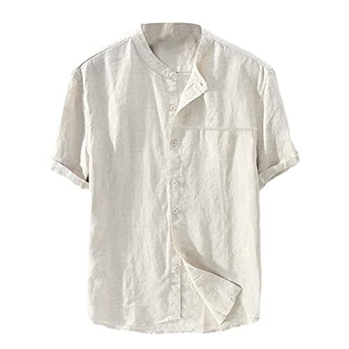 ORANDESIGNE Hemd Herren Regular Fit Kurzarm Bügelfrei Leinenhemd Sommer Button Down Stehkragen Sommerhemd Freizeithemd Hemdbluse Casual Shirts A Aprikose XL von ORANDESIGNE