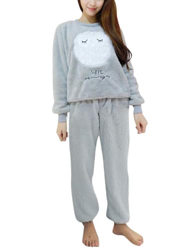 ORANDESIGNE Herbst Winter Pyjamas Damen Mädchen Zweiteiler Ensembles de Pyjama Warm Coral Fleece Samt Nachtwäsche Süße Plüschiger Schlafanzug Langarm (36, Grau Eule) von ORANDESIGNE