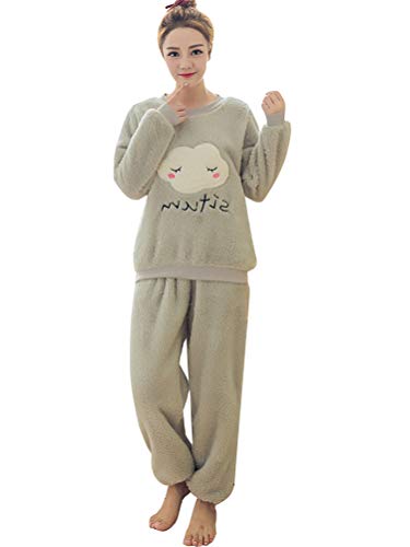 ORANDESIGNE Herbst Winter Pyjamas Damen Mädchen Zweiteiler Ensembles de Pyjama Warm Coral Fleece Samt Nachtwäsche Süße Plüschiger Schlafanzug Langarm Grau Wolke DE 34 von ORANDESIGNE