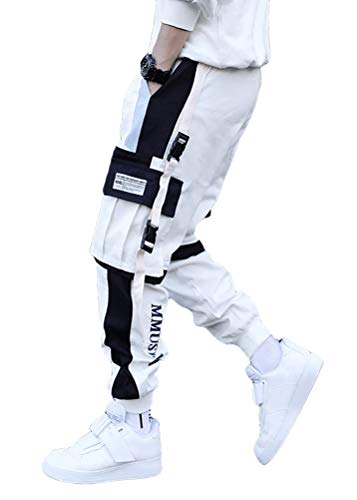 ORANDESIGNE Herren Cargohose Arbeit Kampf Techwear Hose Hip Hop Mehrere Taschen Tapered Hosen Schnalle Riemen Jogginghose Sweatpants D Weiß XXL von ORANDESIGNE