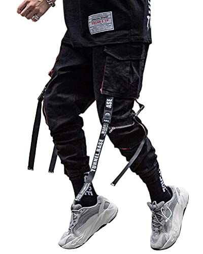 ORANDESIGNE Herren Arbeit Kampf Cargohose mit Taschen Schnalle Riemen Techwear Hose, Herren Arbeit Freizeit Hose, Modisch Elastisch Hose CSchwarz XL von ORANDESIGNE