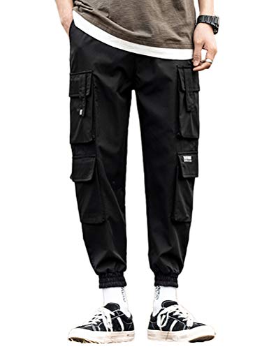 ORANDESIGNE Herren Arbeit Kampf Cargohose mit Taschen Schnalle Riemen Techwear Hose, Herren Arbeit Freizeit Hose, Modisch Elastisch Hose I Schwarz 3XL von ORANDESIGNE