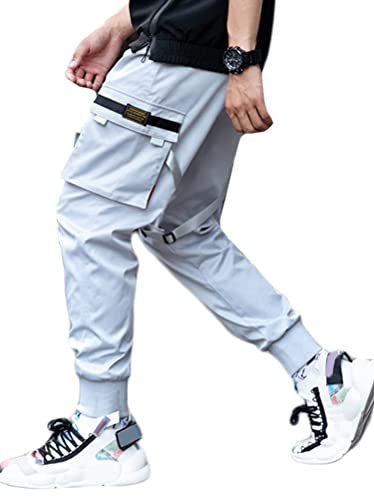 ORANDESIGNE Herren Cargohose Arbeit Kampf Techwear Hose Hip Hop Mehrere Taschen Tapered Hosen Schnalle Riemen Jogginghose Sweatpants C Weiß M von ORANDESIGNE