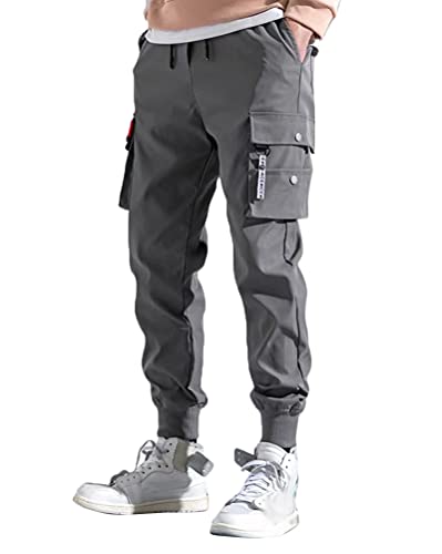 ORANDESIGNE Herren Cargohose Arbeit Kampf Techwear Hose Hip Hop Mehrere Taschen Tapered Hosen Schnalle Riemen Jogginghose Sweatpants L Grau M von ORANDESIGNE