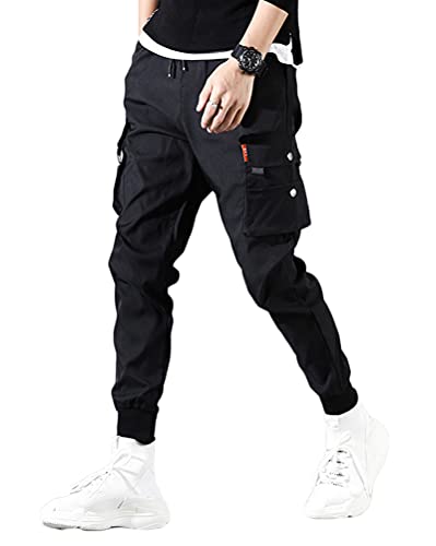 ORANDESIGNE Herren Cargohose Arbeit Kampf Techwear Hose Hip Hop Mehrere Taschen Tapered Hosen Schnalle Riemen Jogginghose Sweatpants L Schwarz L von ORANDESIGNE