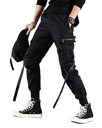 ORANDESIGNE Herren Arbeit Kampf Cargohose mit Taschen Schnalle Riemen Techwear Hose Herren Arbeit Freizeit Hose Modisch Elastisch Hose P Schwarz S von ORANDESIGNE