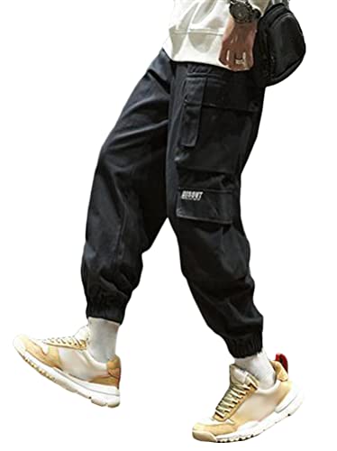 ORANDESIGNE Herren Cargohose Arbeit Kampf Techwear Hose Hip Hop Mehrere Taschen Tapered Hosen Schnalle Riemen Jogginghose Sweatpants V Schwarz 3XL von ORANDESIGNE