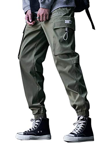 ORANDESIGNE Herren Cargohose Arbeit Kampf Techwear Hose Hip Hop Mehrere Taschen Tapered Hosen Schnalle Riemen Jogginghose Sweatpants ZC Grün M von ORANDESIGNE