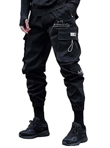 ORANDESIGNE Herren Cargohose Arbeit Kampf Techwear Hose Hip Hop Mehrere Taschen Tapered Hosen Schnalle Riemen Jogginghose Sweatpants ZC Schwarz M von ORANDESIGNE