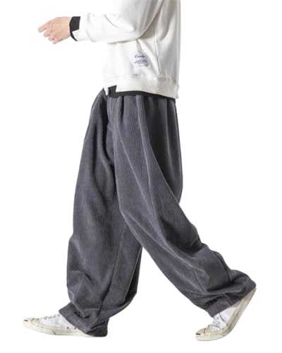ORANDESIGNE Herren Baggy Cordhose Ausgebeult Cord Jogginghose Lässig Lose Leicht Elastische Taille Haremshose Männer Loose Hip Hop Staight Jogger Hose A Grau 3XL von ORANDESIGNE
