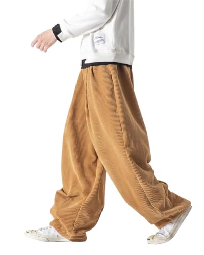 ORANDESIGNE Herren Baggy Cordhose Ausgebeult Cord Jogginghose Lässig Lose Leicht Elastische Taille Haremshose Männer Loose Hip Hop Staight Jogger Hose A Khaki 3XL von ORANDESIGNE