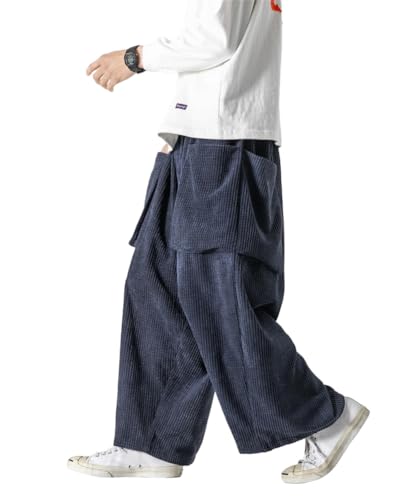ORANDESIGNE Herren Baggy Cordhose Ausgebeult Cord Jogginghose Lässig Lose Leicht Elastische Taille Haremshose Männer Loose Hip Hop Staight Jogger Hose B Dunkelblau XXL von ORANDESIGNE