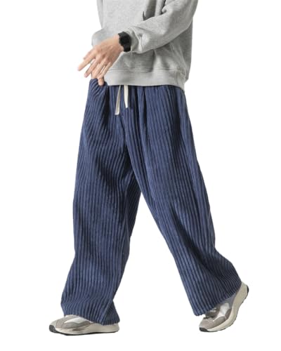 ORANDESIGNE Herren Baggy Cordhose Ausgebeult Cord Jogginghose Lässig Lose Leicht Elastische Taille Haremshose Männer Loose Hip Hop Staight Jogger Hose C Blau L von ORANDESIGNE