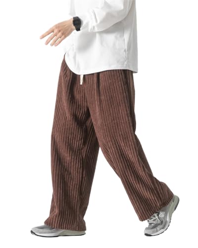 ORANDESIGNE Herren Baggy Cordhose Ausgebeult Cord Jogginghose Lässig Lose Leicht Elastische Taille Haremshose Männer Loose Hip Hop Staight Jogger Hose C Braun 3XL von ORANDESIGNE