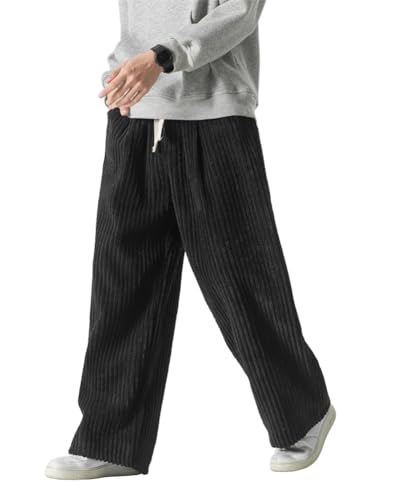 ORANDESIGNE Herren Baggy Cordhose Ausgebeult Cord Jogginghose Lässig Lose Leicht Elastische Taille Haremshose Männer Loose Hip Hop Staight Jogger Hose C Schwarz L von ORANDESIGNE